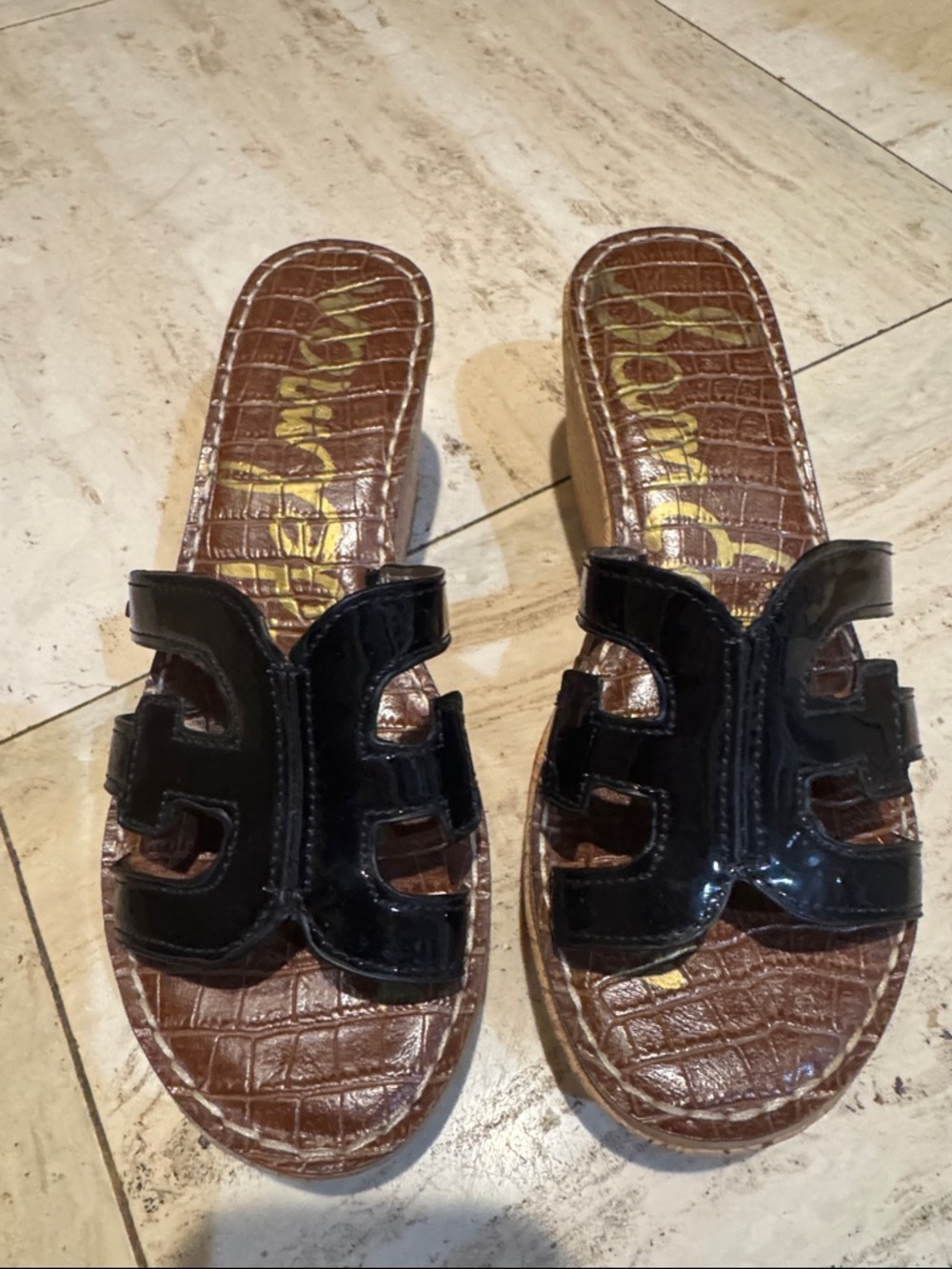 Sam Edelman Black Patent Slide Sandals with Brown Croc-Embossed Footbed